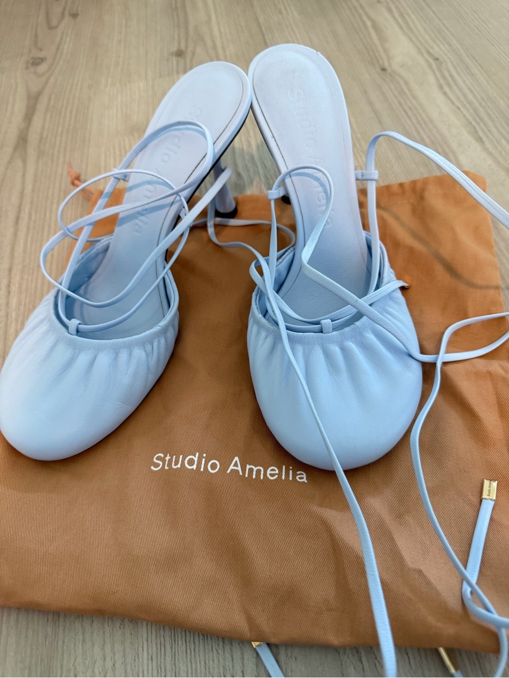 STUDIO AMELIA Pale Blue Lace-Up Mule Heels